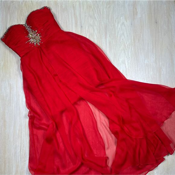 Mac Duggal Red Strapless Embellished Sequin High Low Formal Evening Gown Dress 4 - Picture 11 of 16